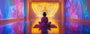 a radiant healing space illuminated by bright neon colors, showcasing a serene healer surrounded by vibrant energy, symbolizing holistic transformation and emotional renewal.