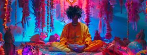 a vibrant scene of a serene healer surrounded by bright neon colors, symbolizing the energy and emotional transformation in alternative medicine techniques for mental health recovery, where soft light radiates to evoke a sense of healing and self-discovery.