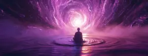 a serene and ethereal 3d rendering of a medium surrounded by swirling purple-pinkish tones, exuding spiritual energy and inner clarity, inviting exploration of esoteric wisdom in a futuristic, artsy atmosphere.