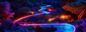 a vibrant, surreal landscape illuminated with bright neon colors showcases a winding path representing the 10 key life areas where a life coach can guide your journey to success.