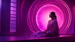 a mystical, ethereal setting bathed in vibrant purple-pinkish tones showcases an inspiring psychic medium surrounded by glowing orbs and swirling energies, embodying clarity and creativity in a futuristic, artsy atmosphere.